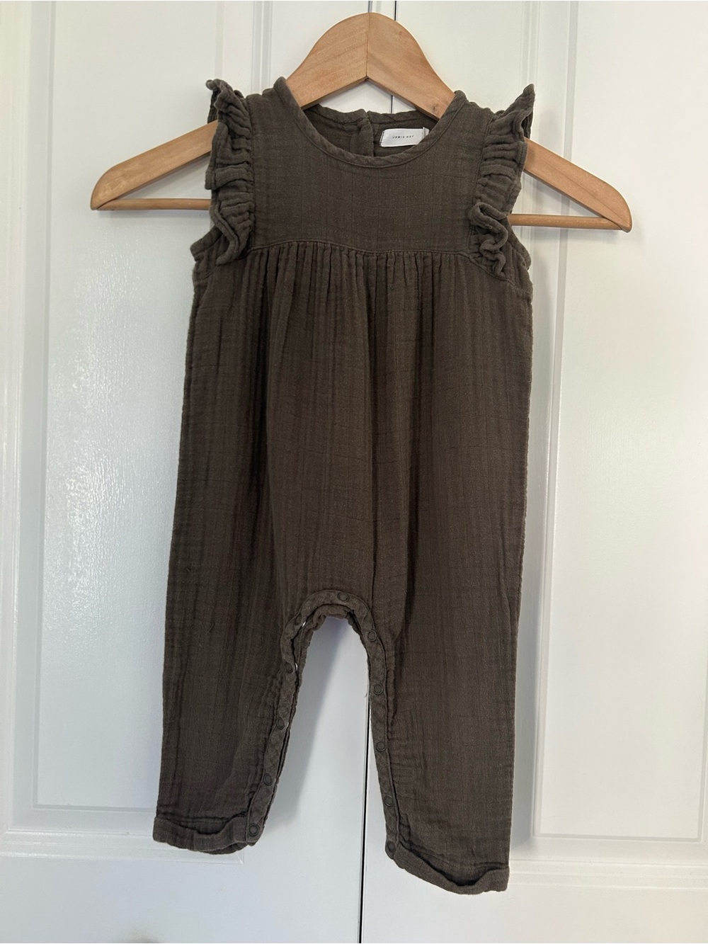 Jamie Kay 1 year green organic cotton muslin ruffle jumpsuit romper